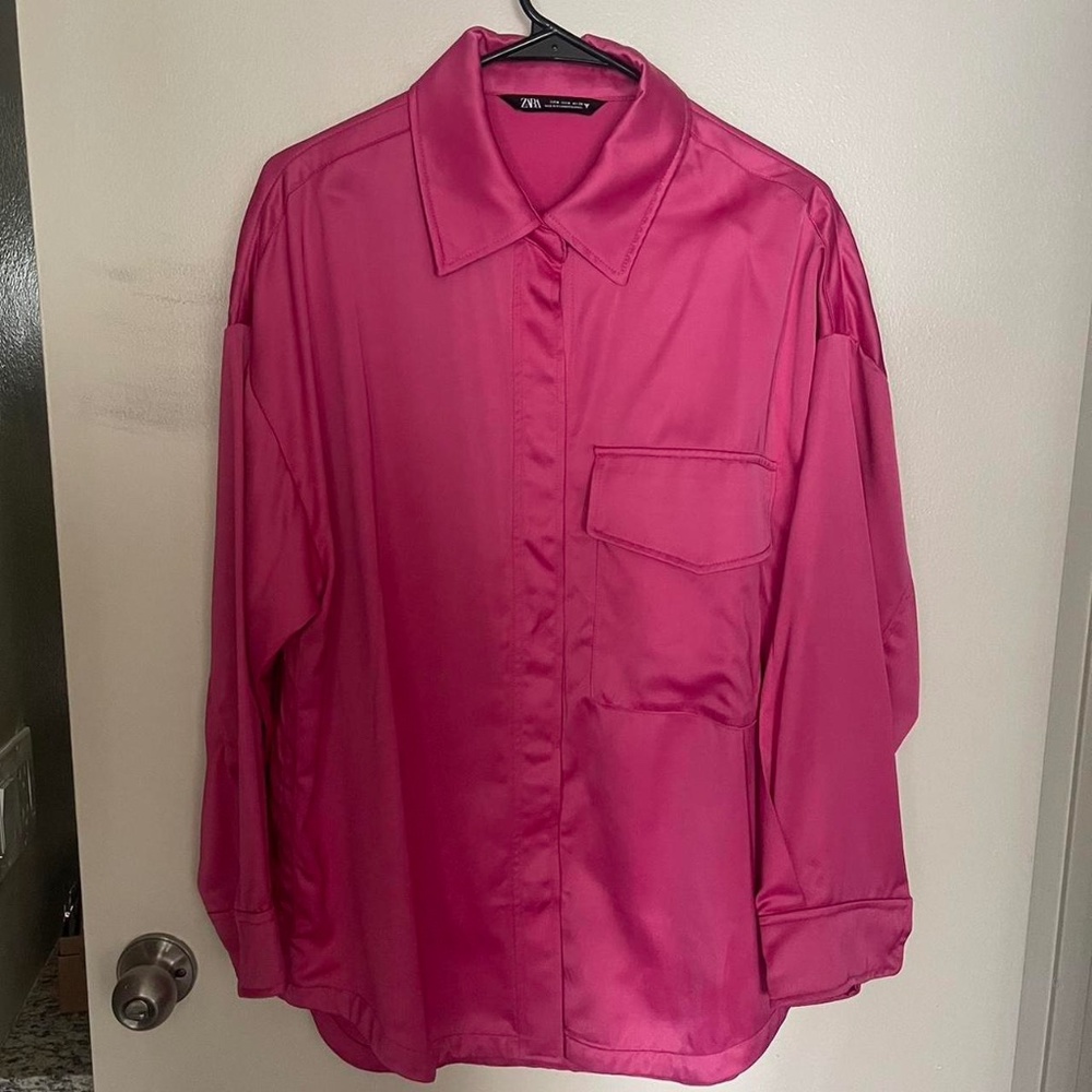 Zara pink satin shacket.